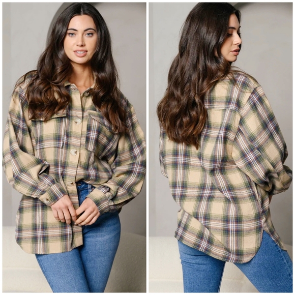 Peach Love California Tops - PEACH LOVE CALIFORNIA Oversized Taupe And Olive Plaid Flannel Top